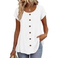 thumbnail image 1 of Women's Cotton Linen Top, Short Sleeve Round Neck Button Down Long Length Cardigan, Cute & Casual Summer Shirt for Layering, Beach Cover Up, and Vacation Wear-White, 1 of 6