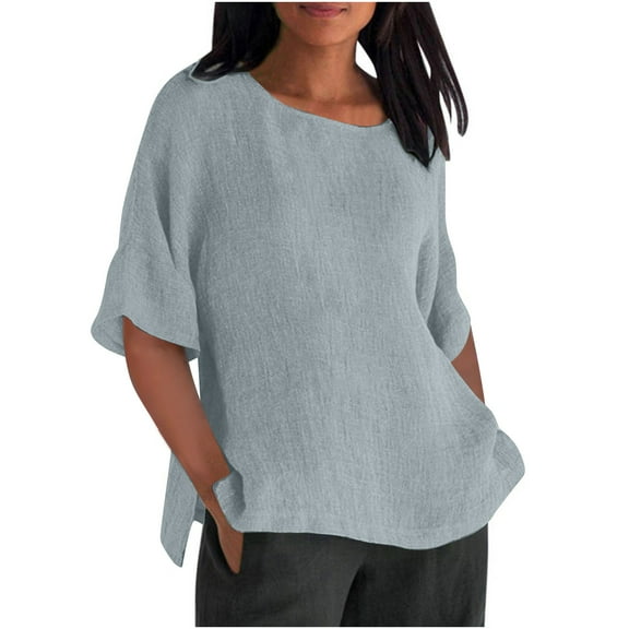 Women's Cotton Linen Tops Half Sleeve Flowy Crew Neck Shirts Hem with Split Solid Color Loose Casual Blouses (M, Gray)