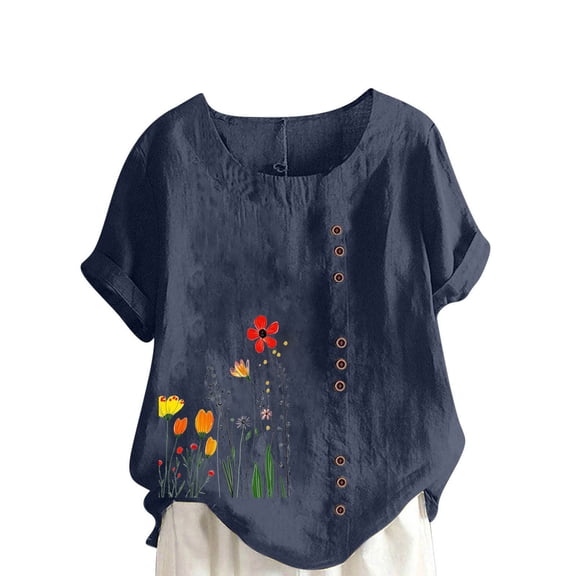 Women's Cotton Linen Tops Ladies Button Boho Floral Printed Crewneck Short Sleeve Shirts Summer Vacation Blouse Women Blouses Under $10 Navy-L