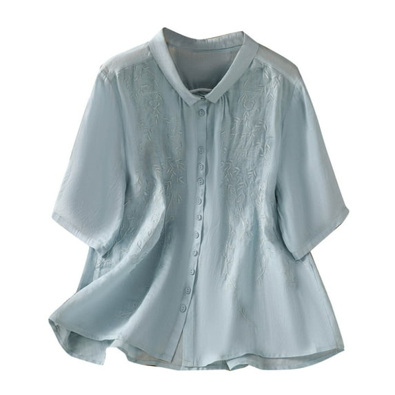Women's Cotton Linen Tops Short Sleeve Embroidery Button down Shirts Loose Fit Blouses Lightweight Clothes (2XL, Blue 1)