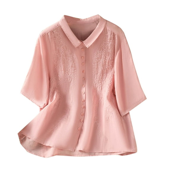 Women's Cotton Linen Tops Short Sleeve Embroidery Button down Shirts Loose Fit Blouses Lightweight Clothes (L, Pink 4)