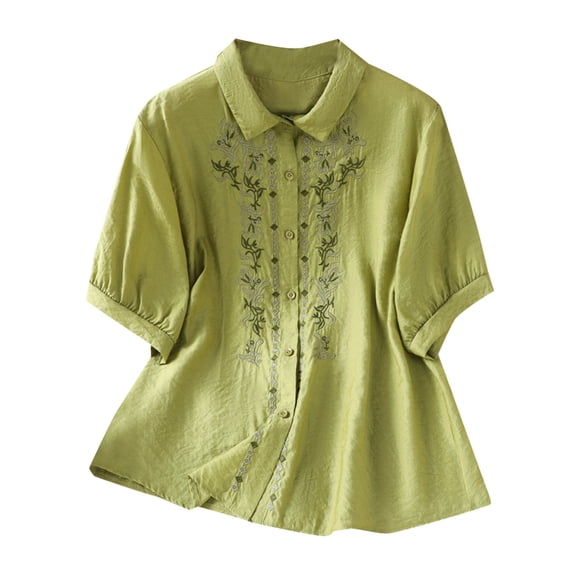 Women's Cotton Linen Tops Short Sleeve Embroidery Button down Shirts Loose Fit Blouses Lightweight Clothes (XL, Green 2)