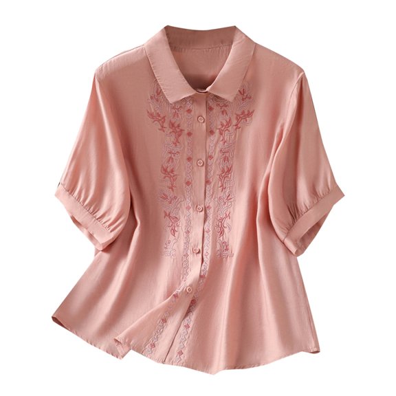 Women's Cotton Linen Tops Short Sleeve Embroidery Button down Shirts Loose Fit Blouses Lightweight Clothes (XL, Pink 3)