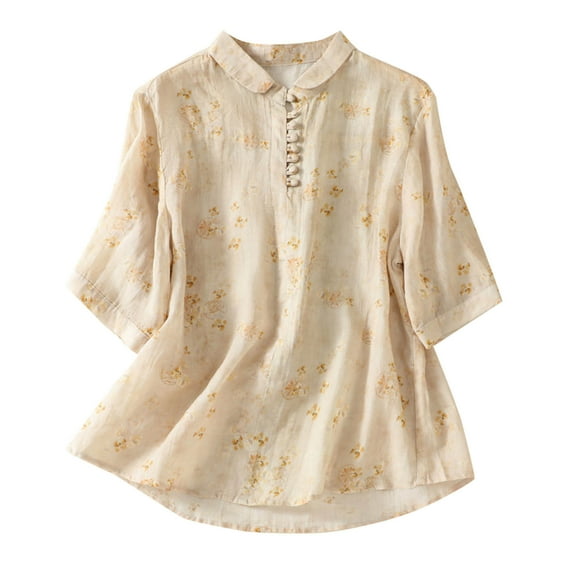 Women's Cotton Linen Tops Short Sleeve Printed Button down Shirts Loose Fit Blouses Lightweight Clothes (XL, Beige 1)