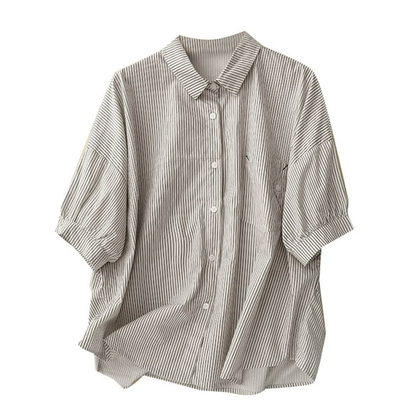 Women's Cotton Linen Tops Short Sleeve Striped Button down Shirts Loose Fit Blouses Lightweight Clothes (M, Beige)