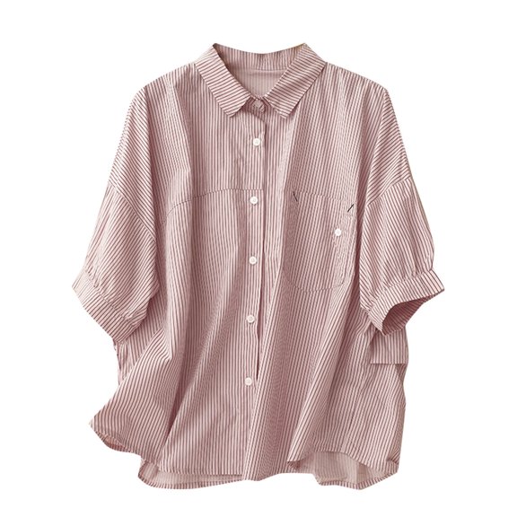 Women's Cotton Linen Tops Short Sleeve Striped Button down Shirts Loose Fit Blouses Lightweight Clothes (M, Pink)