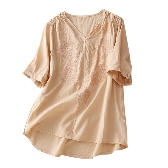 Women's Cotton Linen Tops Short Sleeve Summer Embroidery Loose Flowy V Neck Shirt Casual Floral Basic Blouses (2XL, Orange)