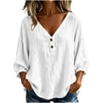 thumbnail image 1 of Women's Cotton Linen Tops Solid Color 3/4 Sleeves V Neck Shirts Casual Fall Winter Fashion Loose Fit Outfits, 1 of 1
