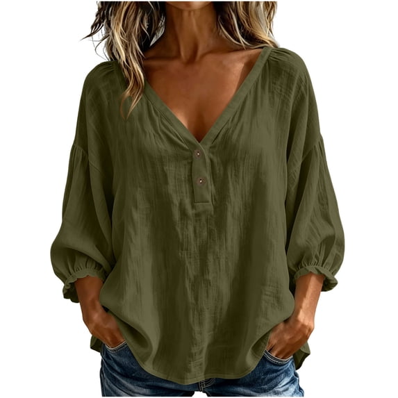 Women's Cotton Linen Tops Solid Color 3/4 Sleeves V Neck Shirts Casual Fall Winter Fashion Loose Fit Outfits