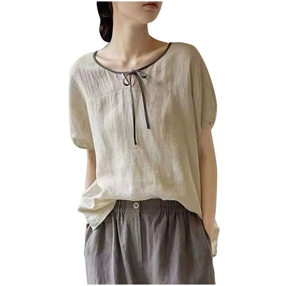 Women's Cotton Linen Tops Summer Casual V Neck Tie Front T Shirts Solid Color Pullover Loose Blouses Outifits (XL, Beige)