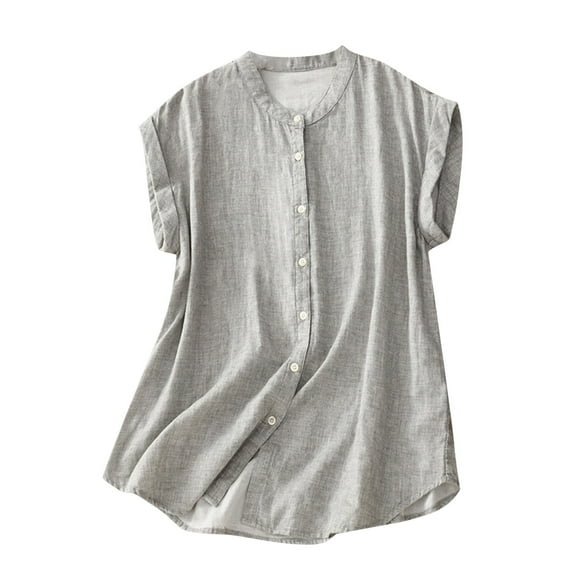 Women's Cotton Linen Tops Summer Collared Loose Cap Short Sleeve Button down Shirt Casual Tunic Basic Blouses (L, Gray)