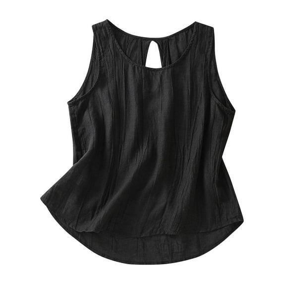 Women's Cotton Linen Tops Summer Keyhole Back Pleated Crew Neck Sleeveless Shirts Casual Loose Blouses (L, Black)