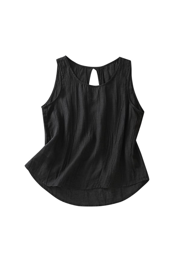 Women's Cotton Linen Tops Summer Keyhole Back Pleated Crew Neck Sleeveless Shirts Casual Loose Blouses (M, Black)