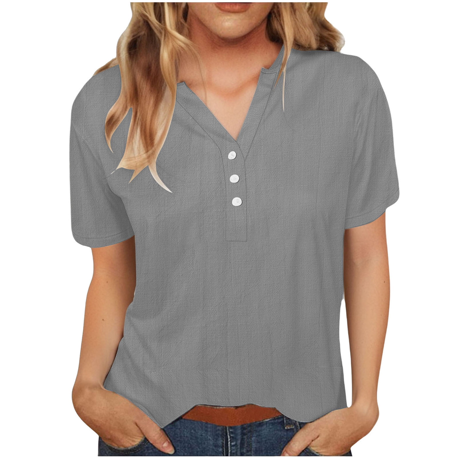 Women's Cotton Linen Tops Summer Trendy V Neck Button Short Sleeve ...