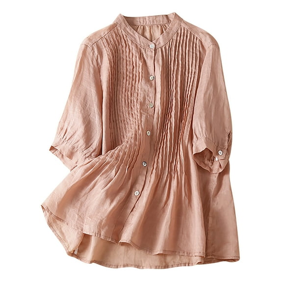 Women's Cotton Linen Tops Summer Trendy V Neck Half Sleeve Button down Shirt Pleated Flowy Lightweight Blouses (M, Orange)