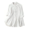 thumbnail image 1 of Women's Cotton Linen Tops Summer Trendy V Neck Half Sleeve Button down Shirt Pleated Flowy Lightweight Blouses (M, White), 1 of 4
