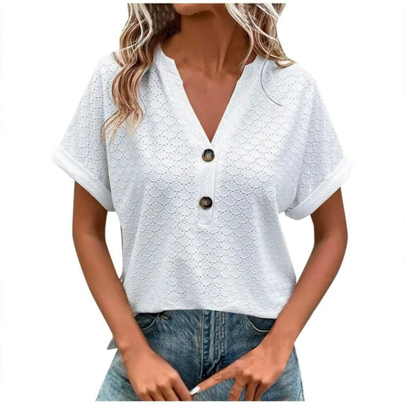 Women's Cotton Linen Tops Summer V Neck Button Eyelet Short Sleeve Shirts Casual Comfortable Blouses (5XL, White)