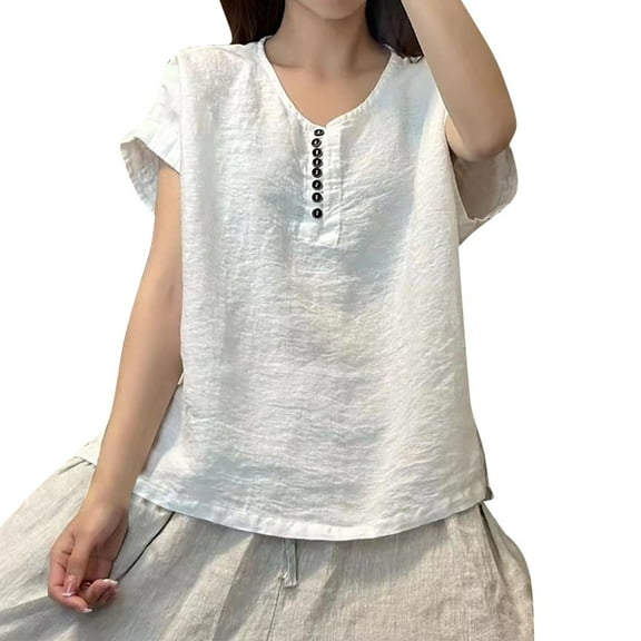 Women's Cotton Linen Tops V Neck Button Short Sleeve Shirts Retro Solid Color Blouses Summer Casual Loose Tees (4XL, White)