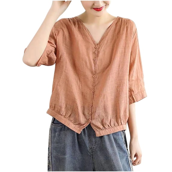 Women's Cotton Linen Tops V Neck Half Sleeve Plus Size Button down Shirts Casual Loose Solid Color Blouses (XL, Orange)
