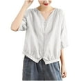 thumbnail image 1 of Women's Cotton Linen Tops V Neck Half Sleeve Plus Size Button down Shirts Casual Loose Solid Color Blouses (XL, White), 1 of 3