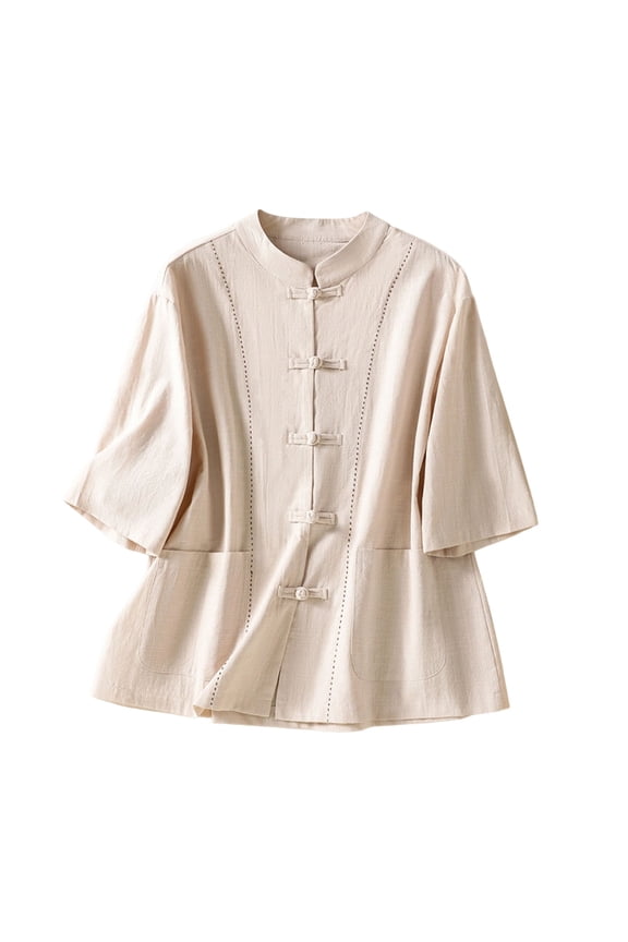 Women's Cotton Linen Traditional Tang Suit Shirt Collar Long Sleeve Frog Button Jacket Chinese Style Tunic Tops Beige L