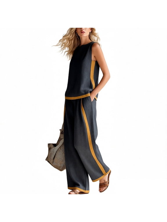 Women's Cotton Linen Travel Set Color Block Sleeveless Tank Tops with Wide Leg Pants Lightweight Flowy Summer Beach Vacation Outfits Dark Gray S