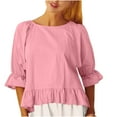 thumbnail image 1 of Women's Cotton Linen Tshirts Trumpet Half Sleeve Solid Color Casual Tunic Tops Crewneck Ruffle Loose Basic Tee Blouses, 1 of 7