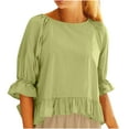 thumbnail image 1 of Women's Cotton Linen Tshirts Trumpet Half Sleeve Solid Color Casual Tunic Tops Crewneck Ruffle Loose Basic Tee Blouses, 1 of 7
