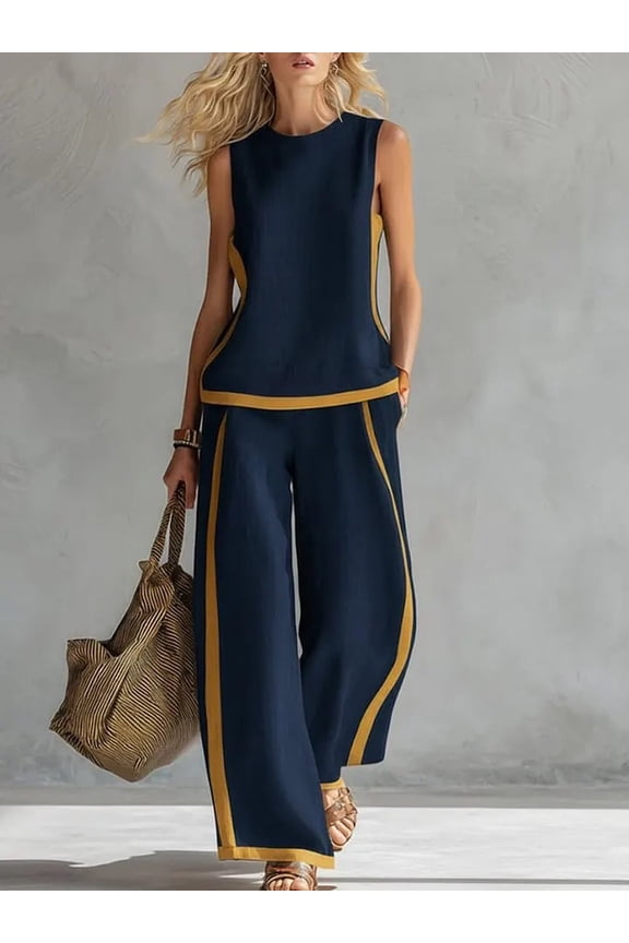 Women's Cotton Linen Two-Piece Outfit Round Neck Sleeveless Loose Top & High Waisted Wide Leg Pants Vintage Color Block Casual Breathable Summer Set for Daily Vacation and Home Wear