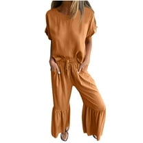 Women's Cotton Linen Two Piece Outfit Short Sleeve Top and Flowy Beach Wide Leg Pants Set 2 Piece Lounge Set with Side Pockets