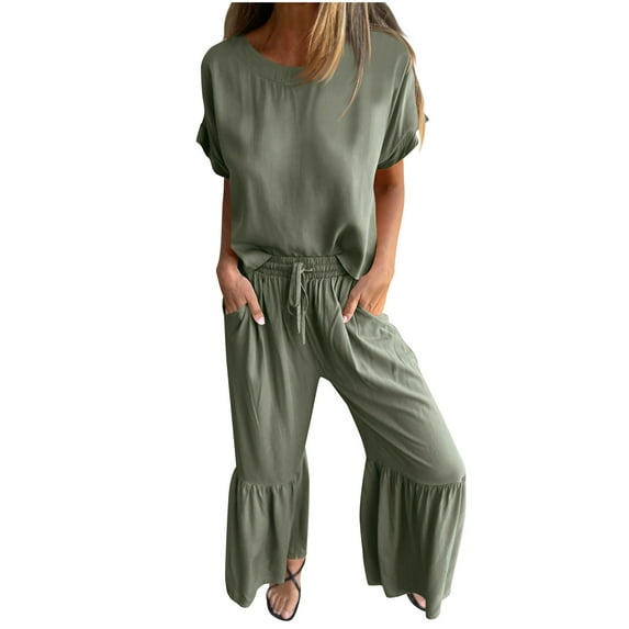 Women's Cotton Linen Two Piece Outfit Short Sleeve Top and Flowy Beach Wide Leg Pants Set 2 Piece Lounge Set with Side Pockets