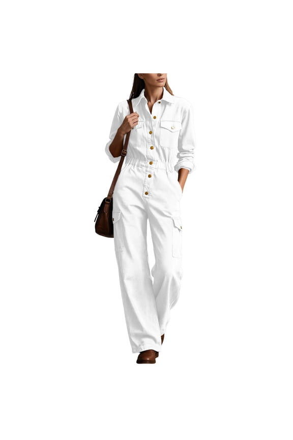 Women's Cotton Linen Utility Jumpsuit Long Sleeve Button Front Cargo Workwear One Piece with Pockets Casual Everyday Outfit