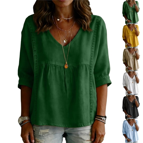 Women's Cotton Linen V Neck Blouse Casual 3/4 Sleeve Babydoll Pleated T Shirts Summer Boho Relaxed Fit Vacation Tunic Tops Green L
