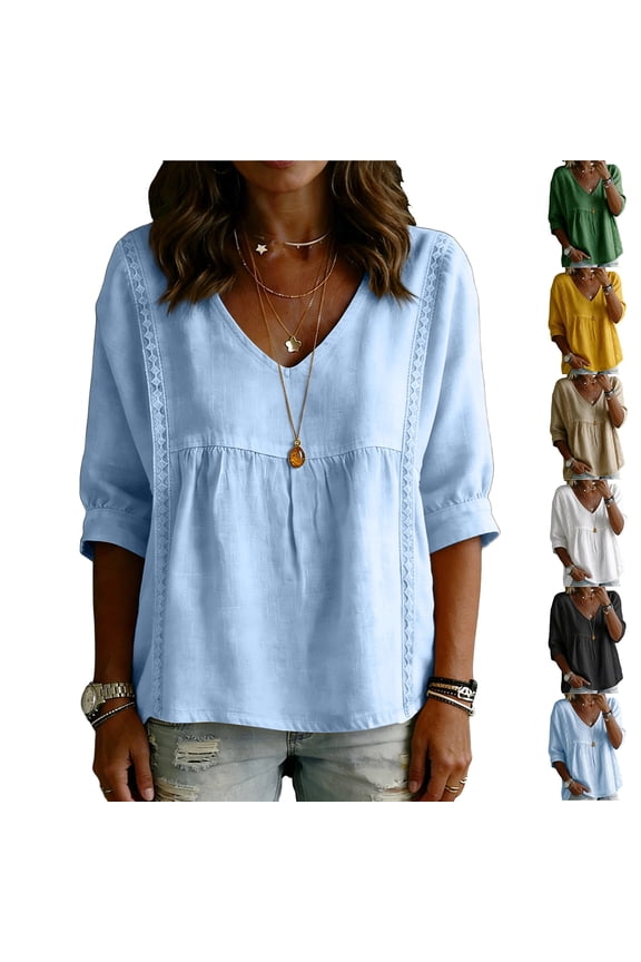 Women's Cotton Linen V Neck Blouse Casual 3/4 Sleeve Babydoll Pleated T Shirts Summer Boho Relaxed Fit Vacation Tunic Tops Light Blue XL