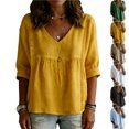 thumbnail image 1 of Women's Cotton Linen V Neck Blouse Casual 3/4 Sleeve Babydoll Pleated T Shirts Summer Boho Relaxed Fit Vacation Tunic Tops Yellow L, 1 of 5