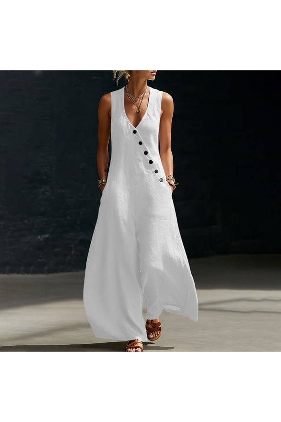 Women's Cotton Linen V-Neck Jumpsuit with Button Front, Loose Casual Wide Leg Jumpsuit, Soft Elastic Drawstring Lounge Jumper, Dressy Flowy Womens Trousers with Pockets, | UKHCCC,White L
