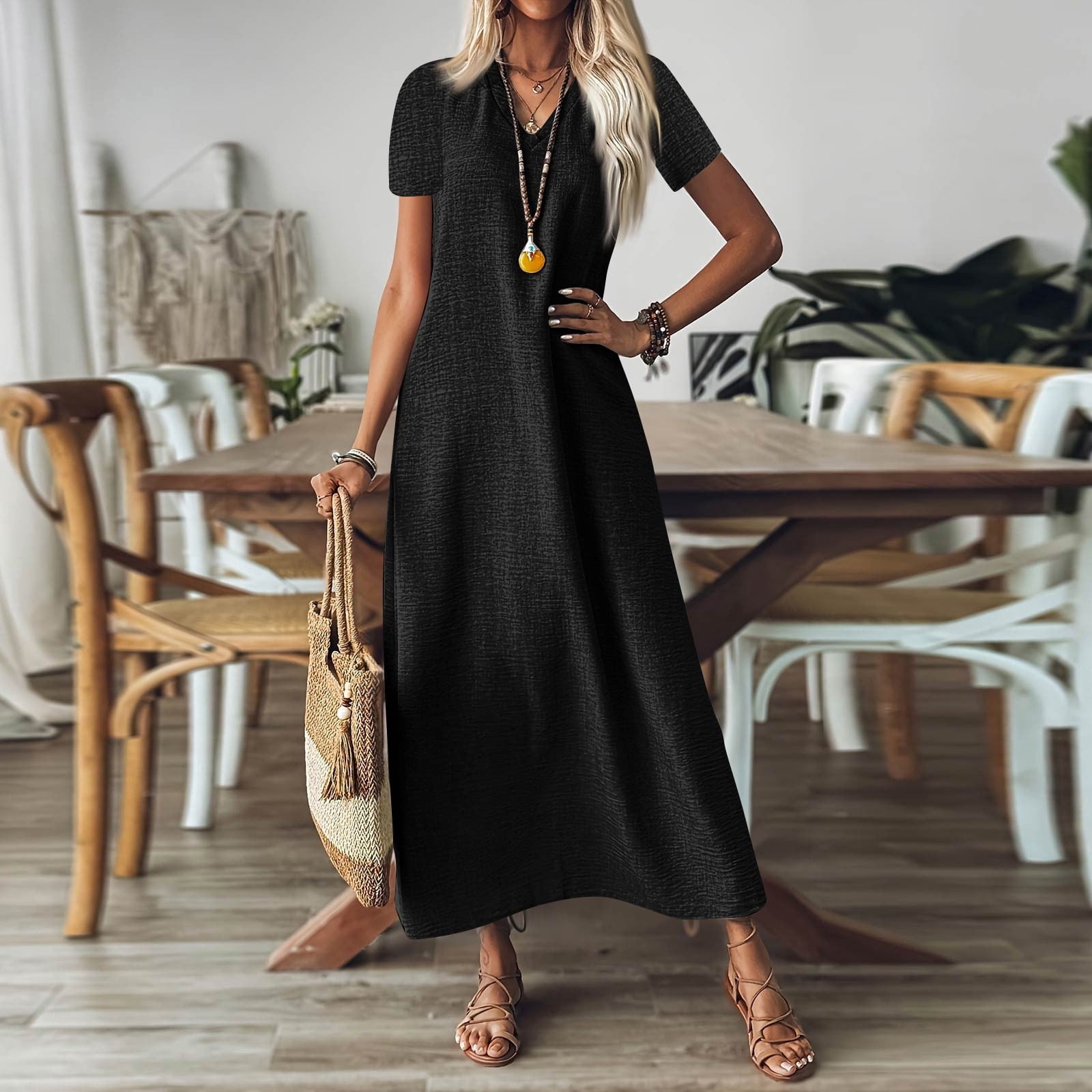 black short sleeve maxi dress Wstlyeo Women's Cotton Linen V Neck Loose Flowy Casual Summer Long Dress M, Size: Medium How to Find a kytebaby Cut from a black Dress Size:8