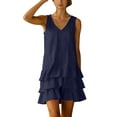 thumbnail image 1 of Women's Cotton Linen V Neck Sleeveless Mini Dress Babydoll Summer Cute Layered Ruffle Swing Tank Dress, 1 of 7