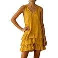 thumbnail image 1 of Women's Cotton Linen V Neck Sleeveless Mini Dress Babydoll Summer Cute Layered Ruffle Swing Tank Dress, 1 of 7