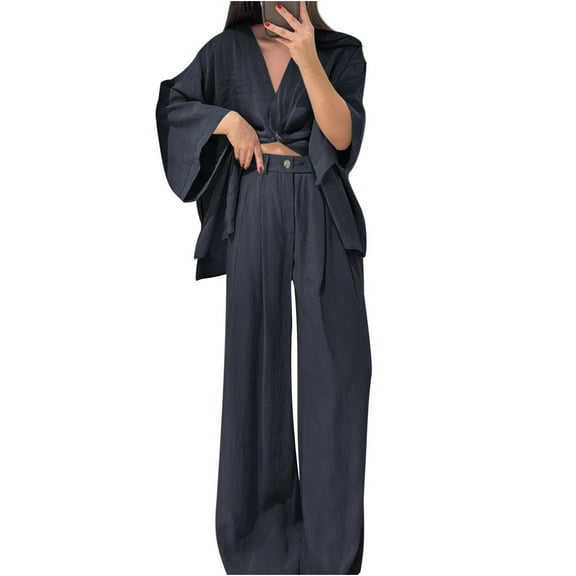 Women's Cotton Linen V-Neck Two Piece Set - Long Sleeve Shirt High Waist Wide Leg Pants | Summer Lounge Streetwear