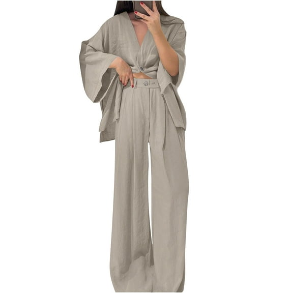Women's Cotton Linen V-Neck Two Piece Set - Long Sleeve Shirt   High Waist Wide Leg Pants | Summer Lounge Streetwear