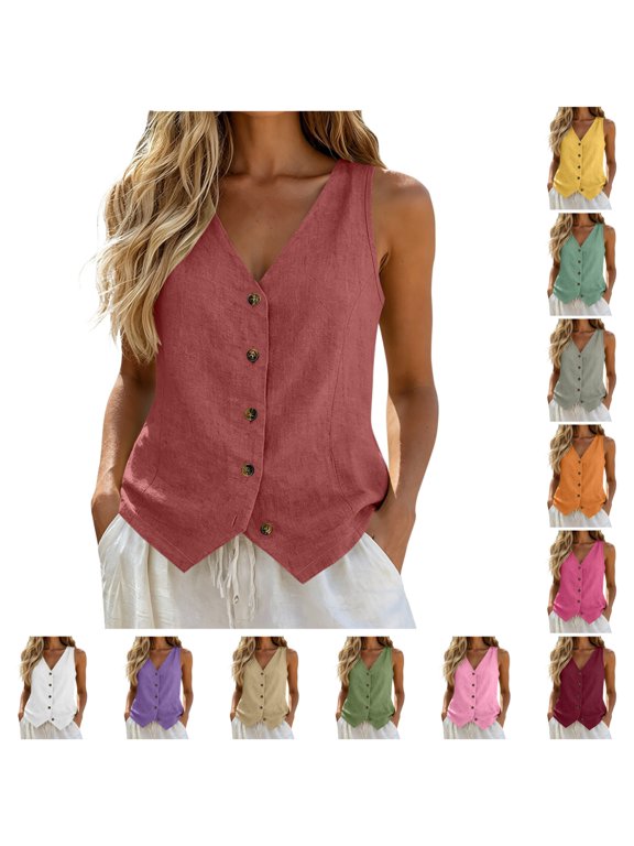 Women's Cotton Linen Vest Button Down Casual Breathable Sleeveless Shirt Spring Summer Vacation Wear Tank Topss