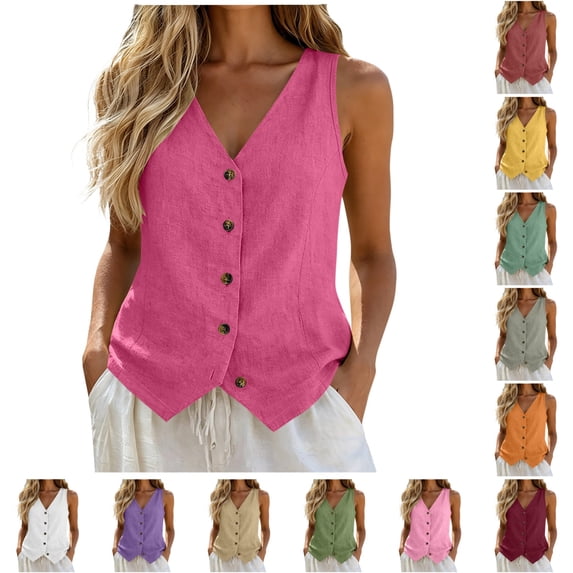 Women's Cotton Linen Vest Button Down Casual Breathable Sleeveless Shirt Spring Summer Vacation Wear Tank Topss