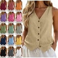 thumbnail image 1 of Women's Cotton Linen Vest Button Down Casual Breathable Sleeveless Shirt Spring Summer Vacation Wear Tank Topss, 1 of 7