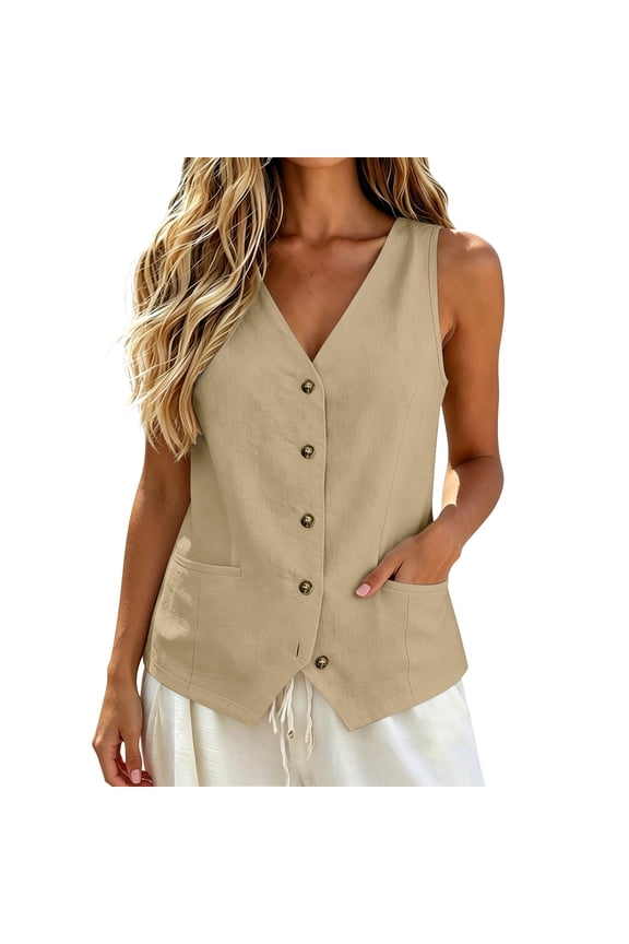 Women's Cotton Linen Vest Button down Plain Sleeveless V Neck Plain Tank Tops Waistcoat Jacket with Pocket Summer Fashion 2026 by Awwp Gold 3Xl