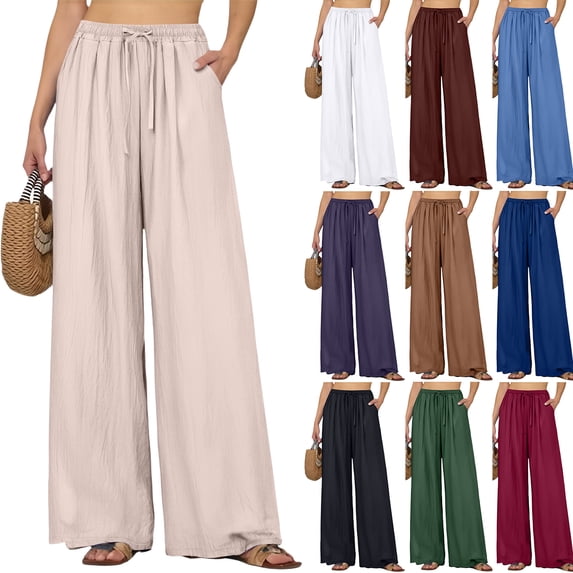 Women's Cotton Linen Wide Leg Beach Pants Elastic Waist Lightweight Casual Flowy Palazzo Lounge Trousers with Pockets Boho Wide Leg Summer Trendy ventilate Breathale Womens Pants Black XXXL