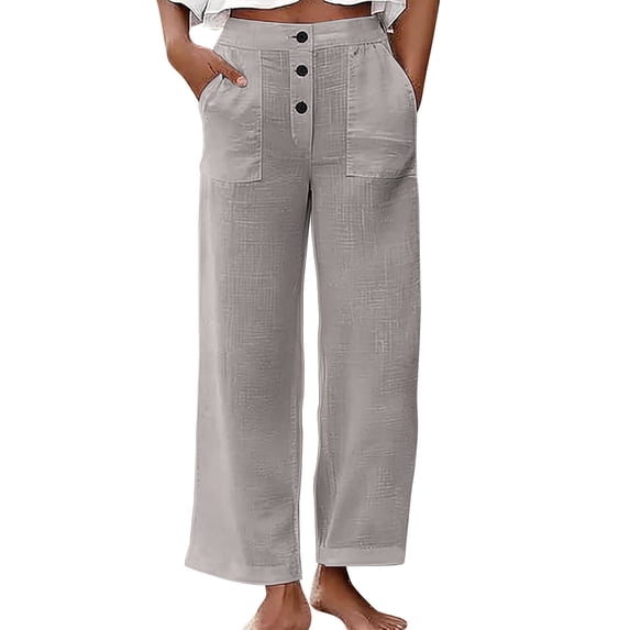 Women's Cotton Linen Wide Leg Casual High Waisted Stretch Baggy Loose Fit Solid Color Pants Gray