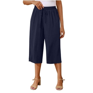 Bloomae Plus Size Capris Pants For Women Lightweight Cotton Linen Casual Summer 2025 Straight Wide Leg Loose Drawstring Elastic High Waist Cropped Trouser With Pockets A-Green#02 S