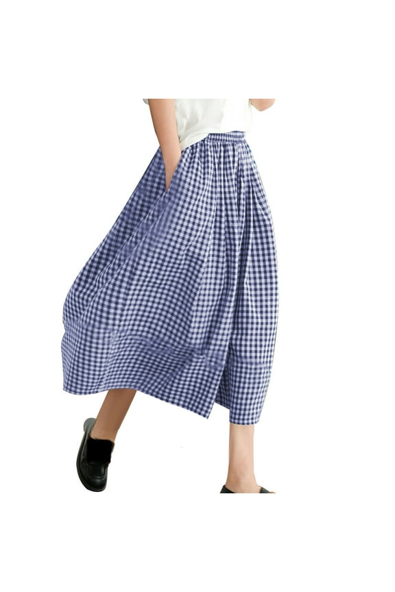 Women's Cotton Linen Wide Leg Culottes Pants Elastic Waist Plaid Gingham Capri Palazzo Pants