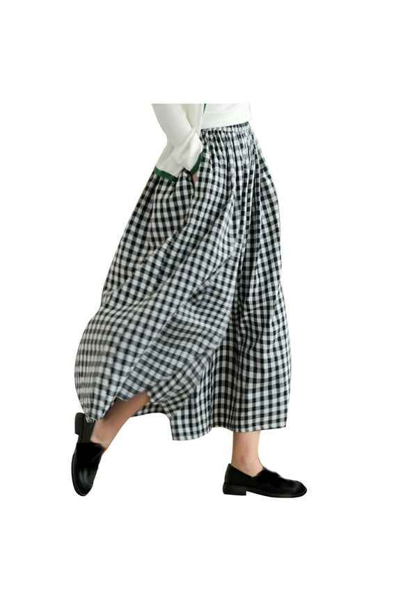 Women's Cotton Linen Wide Leg Culottes Pants Elastic Waist Plaid Gingham Capri Palazzo Pants